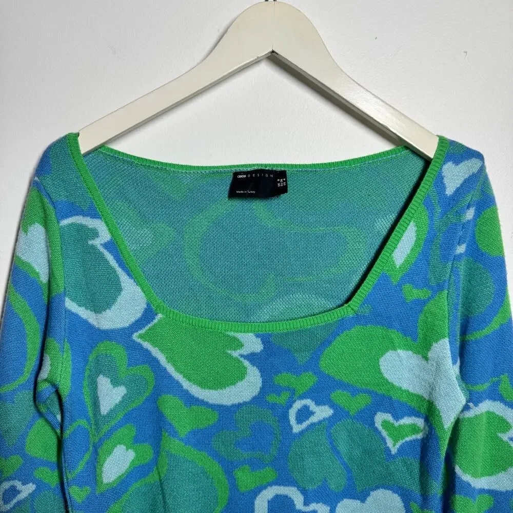 ASOS Design Top Women 4 Blue Green Wavy Heart Square Neck Lightweight 3/4 Sleeve